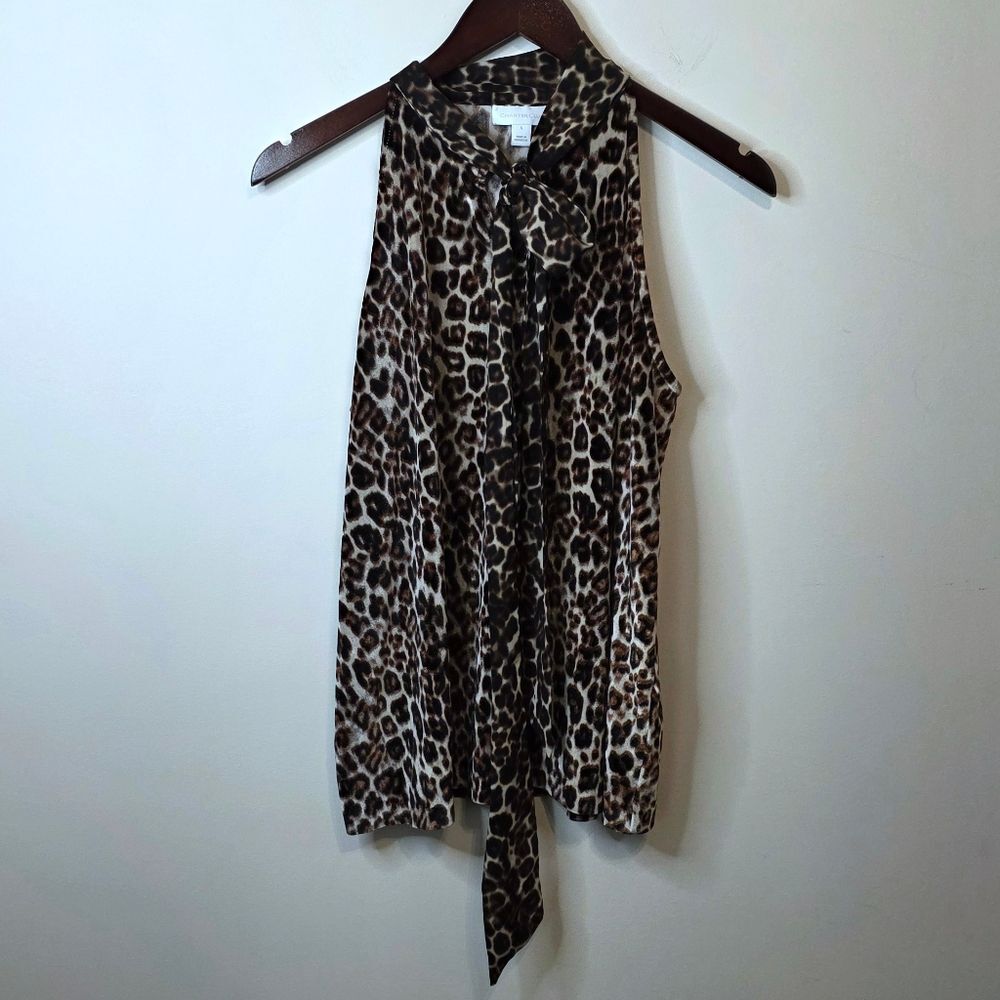Charter Club Aninal Print Velvet Tie Neck V-neck Sleeveless Top Size Large